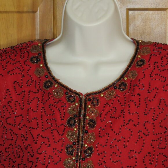 Laurence Kazar Red/Gold/Black Beaded Top Jacket Crop Silk Evening Formal Size XL - Picture 7 of 10